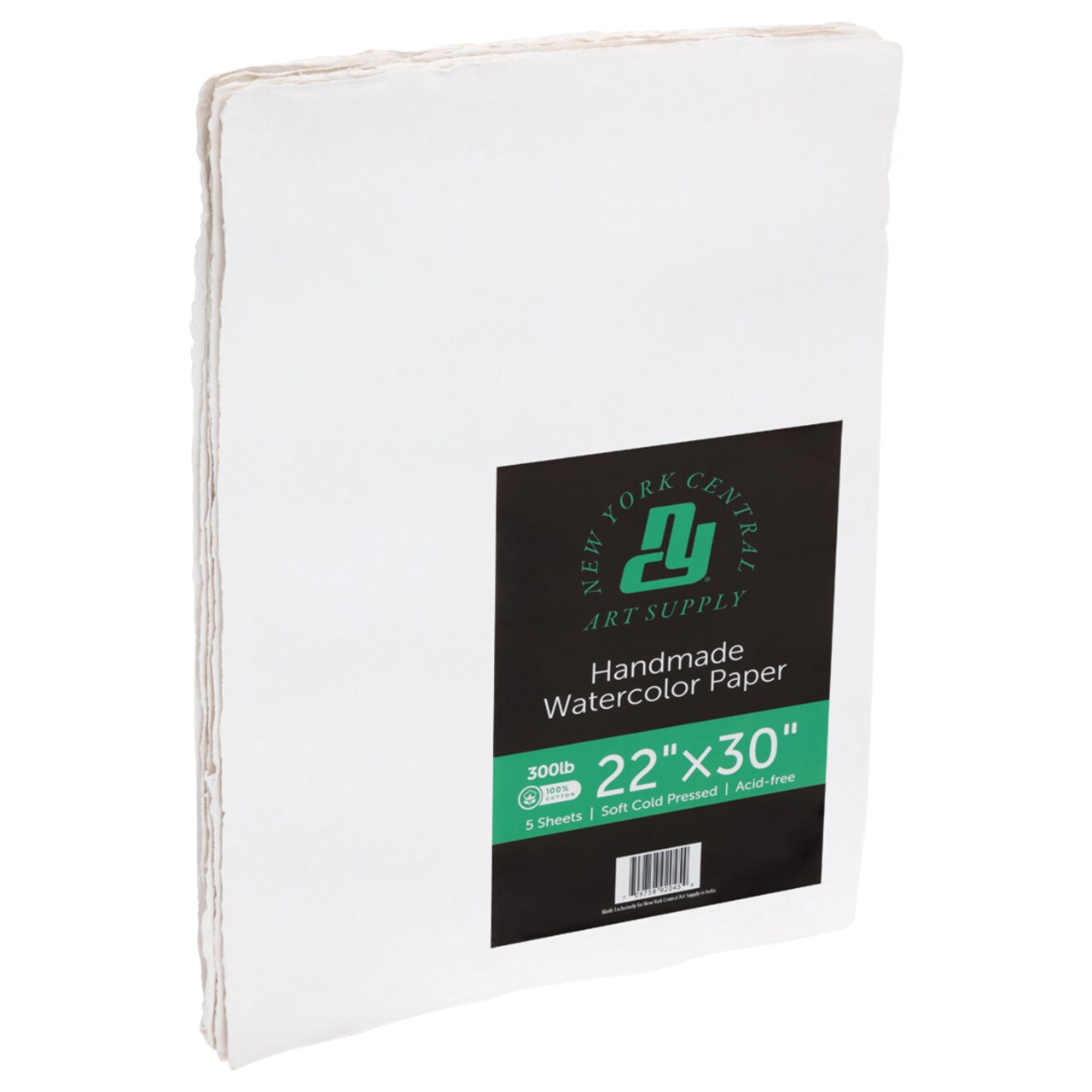 New York Central Handmade Watercolor Paper - 300lb, 22"X30" - 1 Pack of 5 Sheets, Acid-Free 100% Cotton Rag, Cold Press, 4 Deckled Edges, Minimally Sized, Mixed Media Paper for Charcoal & Pastels